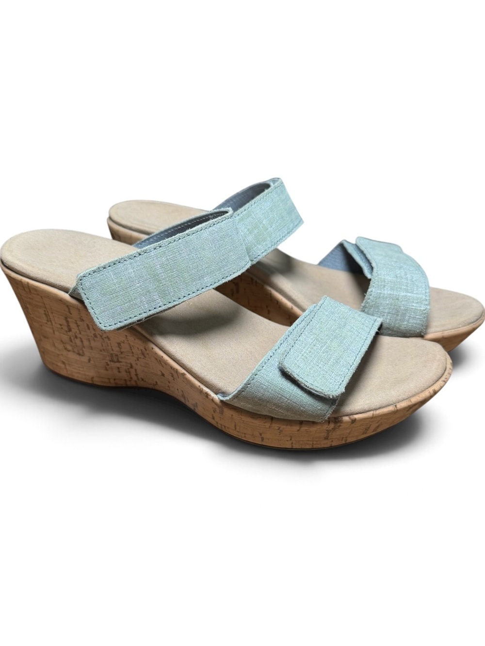 Naot Caveran Teal Linen Leather Cork Platform Wedge Sandals Hook Loop Sandals 39